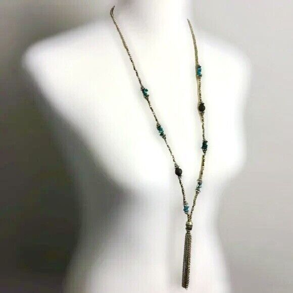 Tassel Necklace Gold Chain Silver Beaded Turquoise Color Stones Lava Beads - Picture 3 of 13